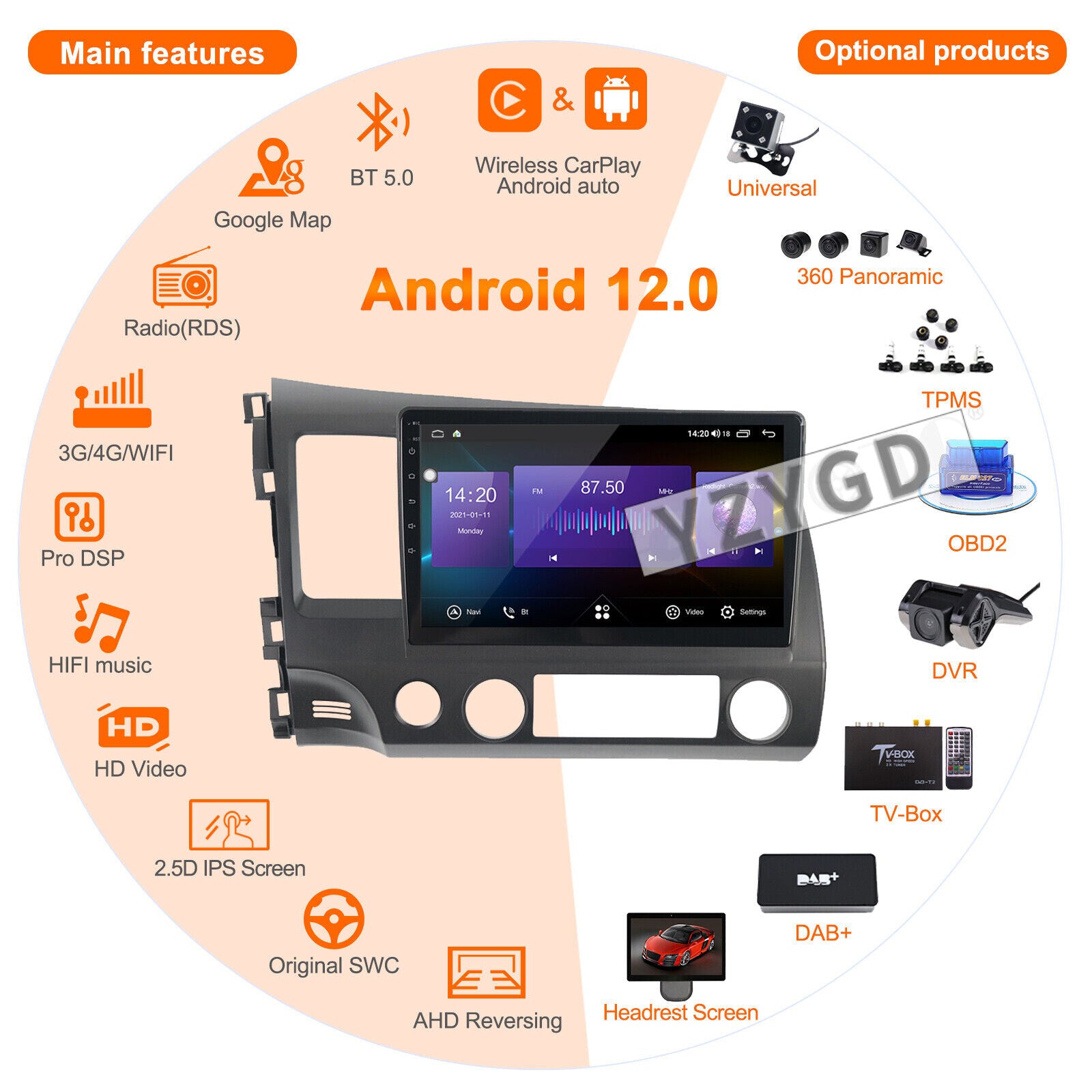 for Honda for Civic 2005-2012 Android 2Din Car Radio Carplay Stereo Receiver Screen