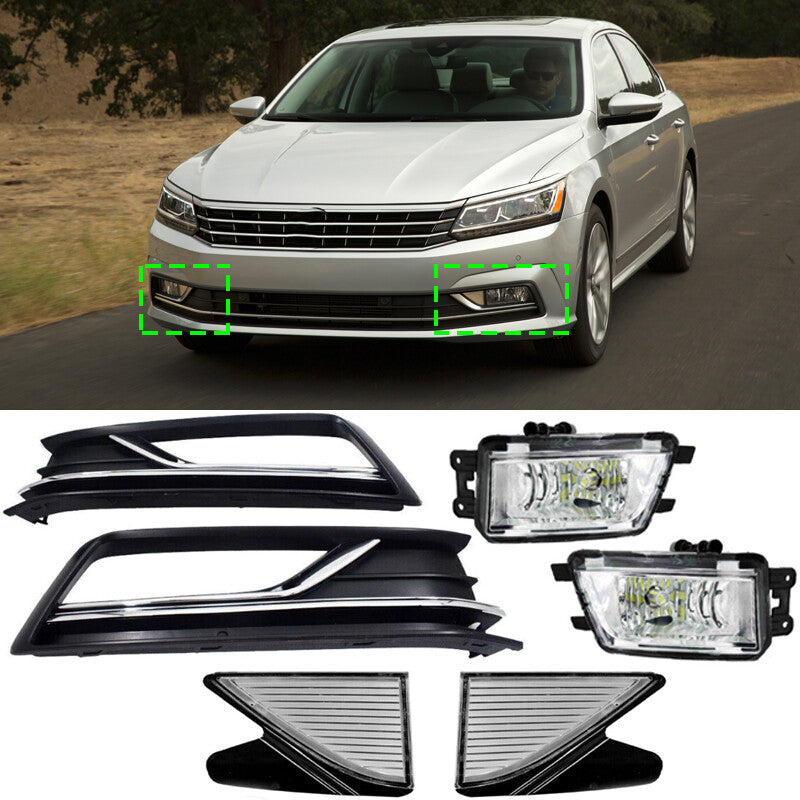 For 2016, 2017, 2018, and 2019 for Passat B8: Package includes front fog lights + grille cover + trim.