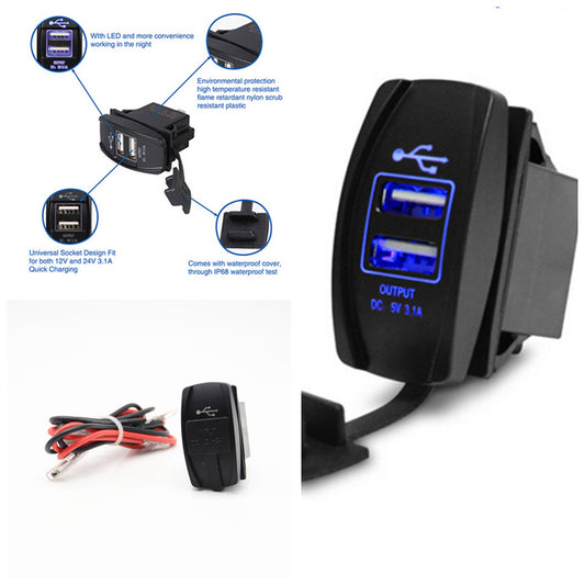 DC 12V-24V Dual BLUE LED USB Car Charger Socket ARB Carling Rocker Adapter 3.1A