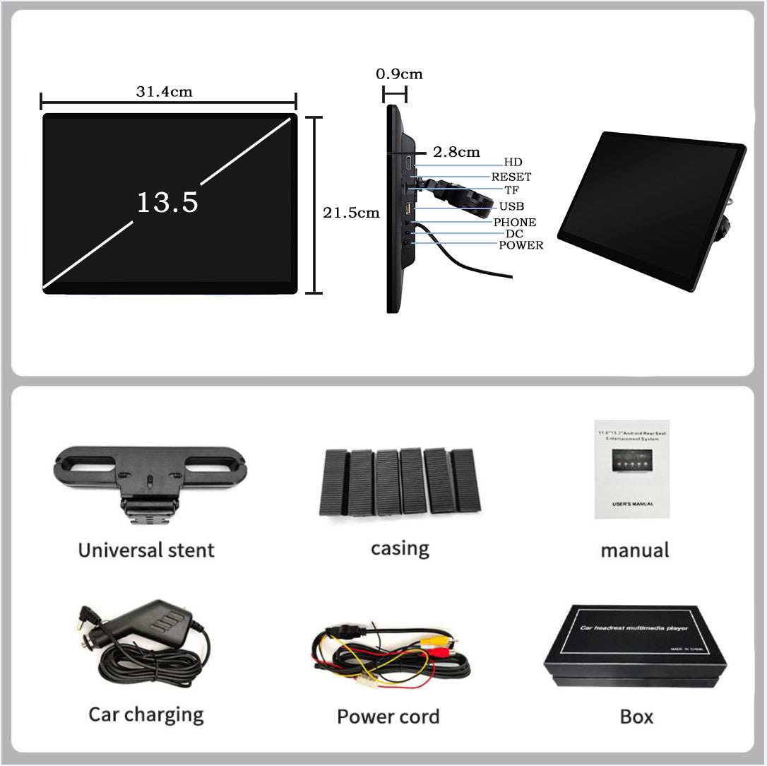 13.5in Headrest Monitor Rotatable HD Car Rear for Seat Touchscreen Video Player