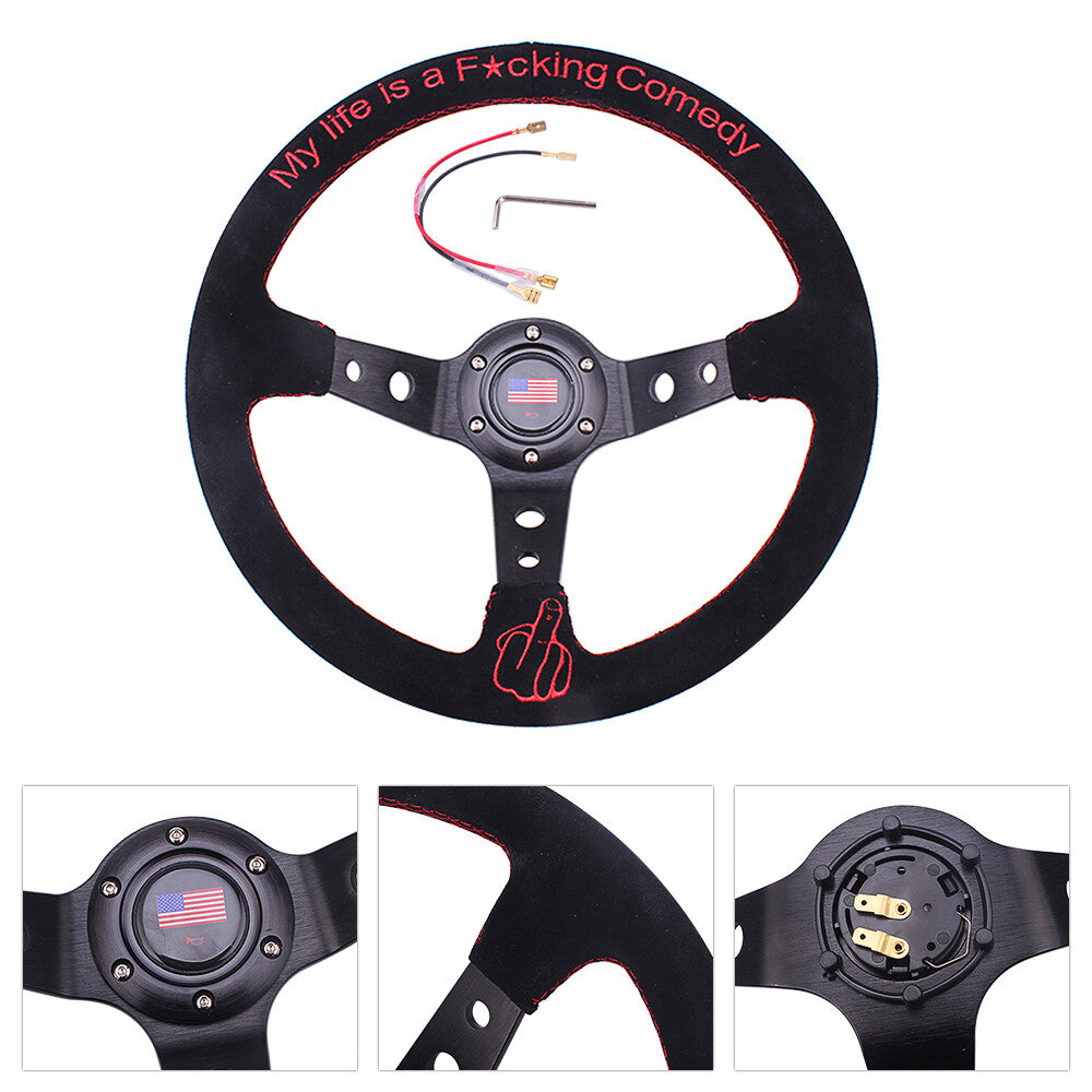 Black 14INCH 350mm Suede Leather Hand Embroidery Universal Steering Wheel