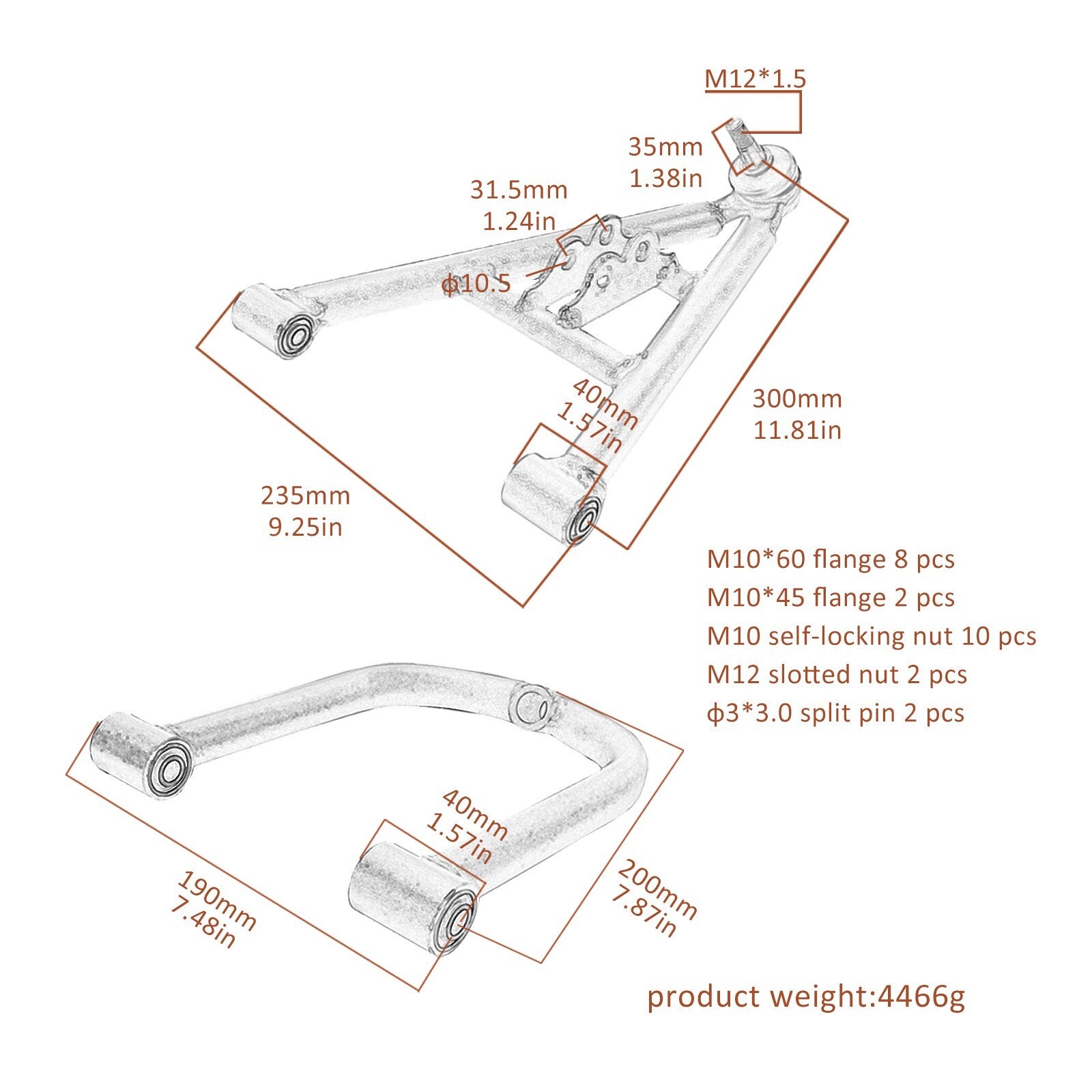 Front suspension rocker arm and upper control arm kit for four-wheeled bicycles and go-karts