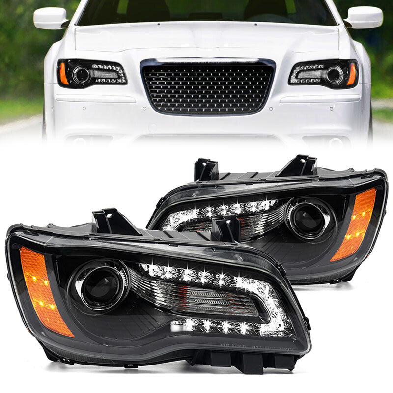 For 2011-14 for Chrysler 300 Black W/Bulbs Halogen LED DRL Headlights Healamp LH RH