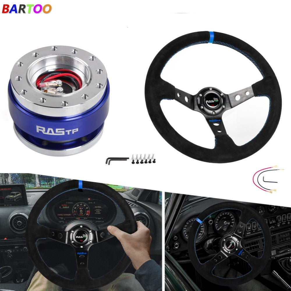 14Suede Leather Deep Dish 93mm Drifting Racing Steering Wheel+Quick Release Kit