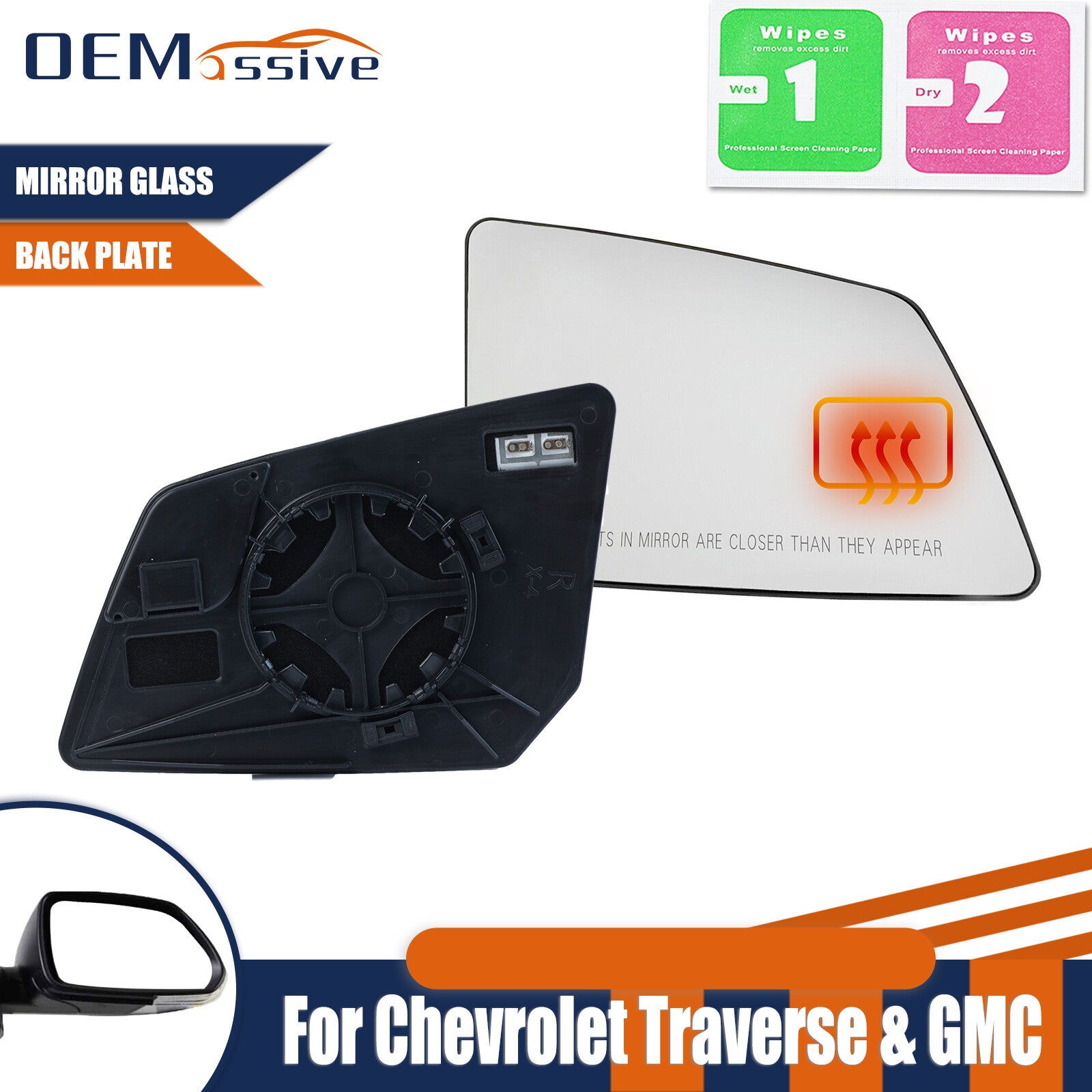 Passenger Side Heated Mirror Glass for Chevrolet Traverse 2007-2016 Back Plate