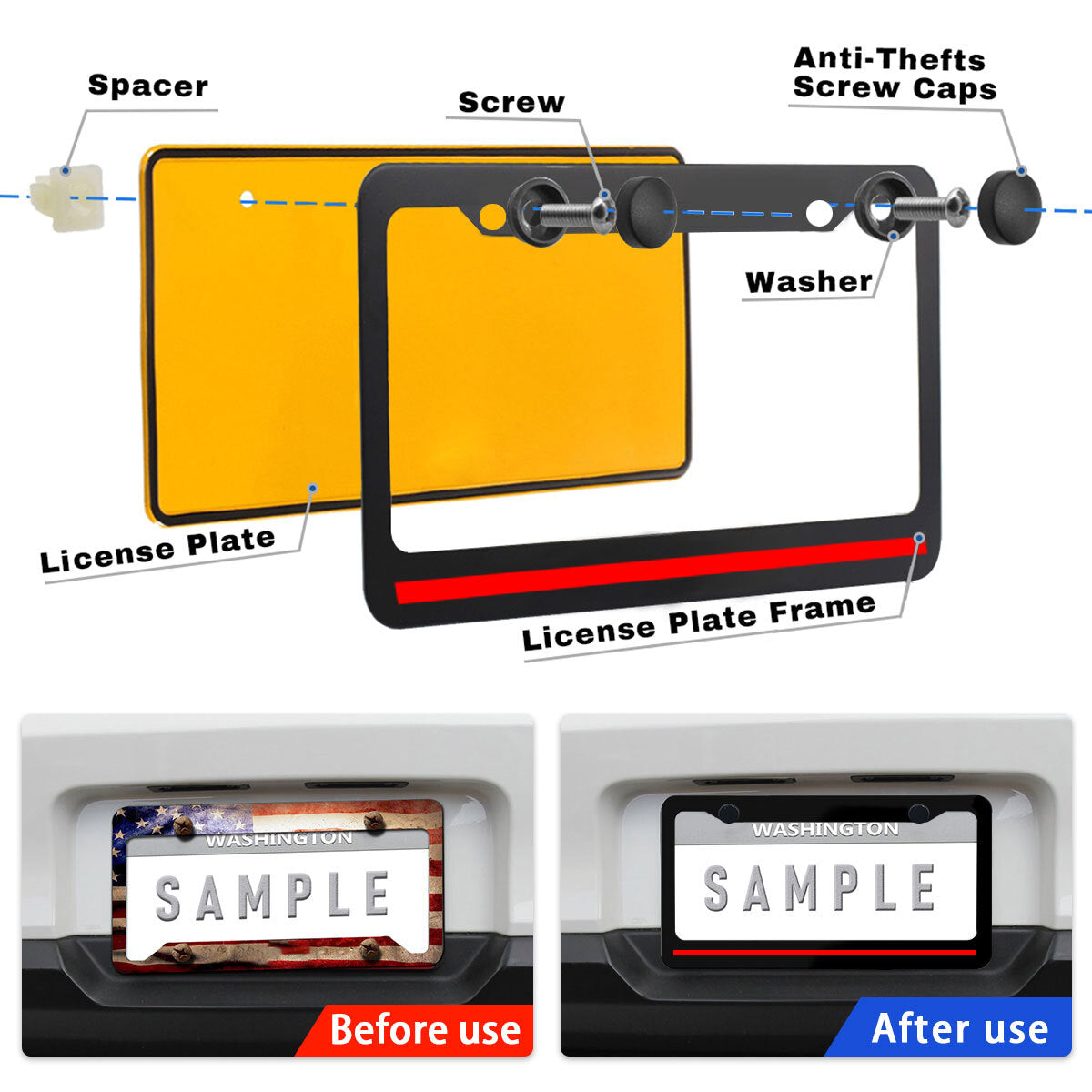 2 Red Line Car SUV License Plate Frame Firefighter Metal Tag Cover for Men Women