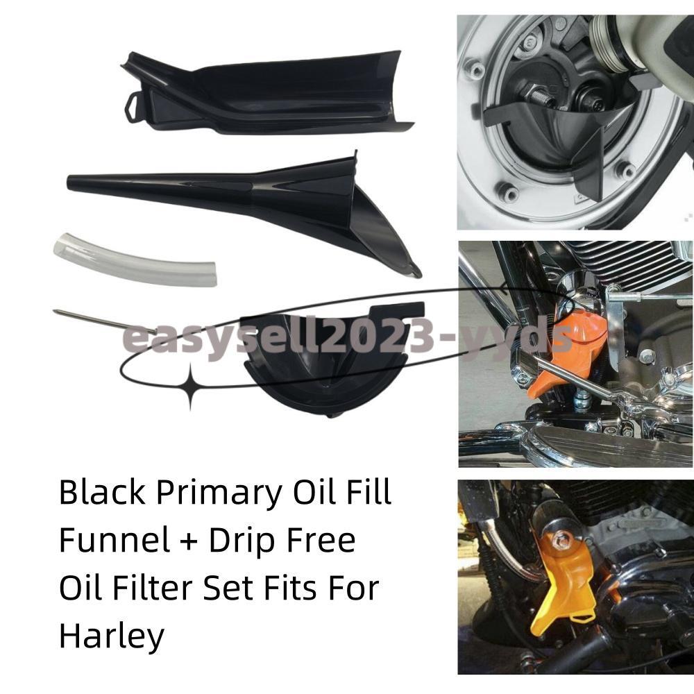 3 Pcs Black Primary Oil Fill Funnel + Drip Oil Filter Set Fits for Harley