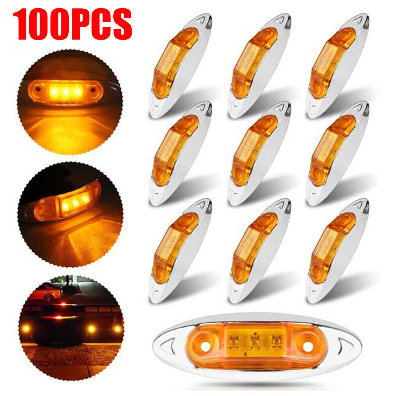 100x Amber 3 LED Side Marker Clearance Lights Chrome 12-24V for Trailer Truck RV
