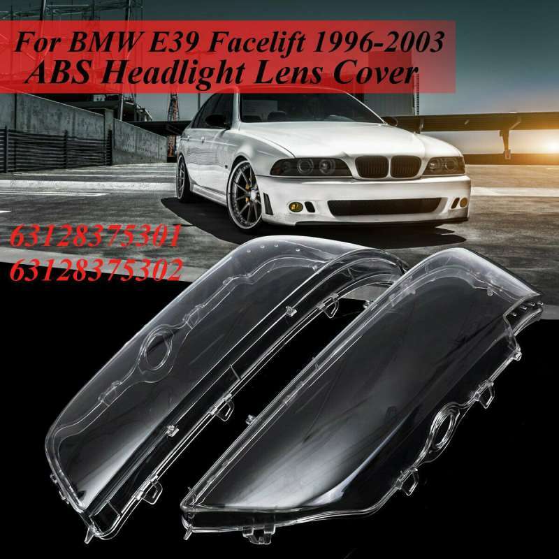A pair of headlight lenses and headlight covers suitable for 1996-2003 for BMW E39 models, including the 525i, 528i, and 530i.