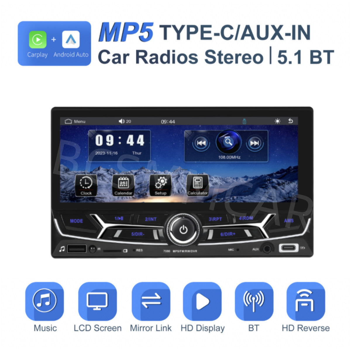 6.86in Double Din Car MP5 Player Bluetooth Stereo Radio For Carplay Android Auto