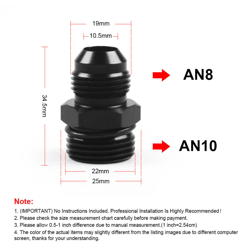 2-Pack ORB-10 O-ring Boss AN10 10AN to AN8 8AN Male Adapter Accessories - Black Aluminum