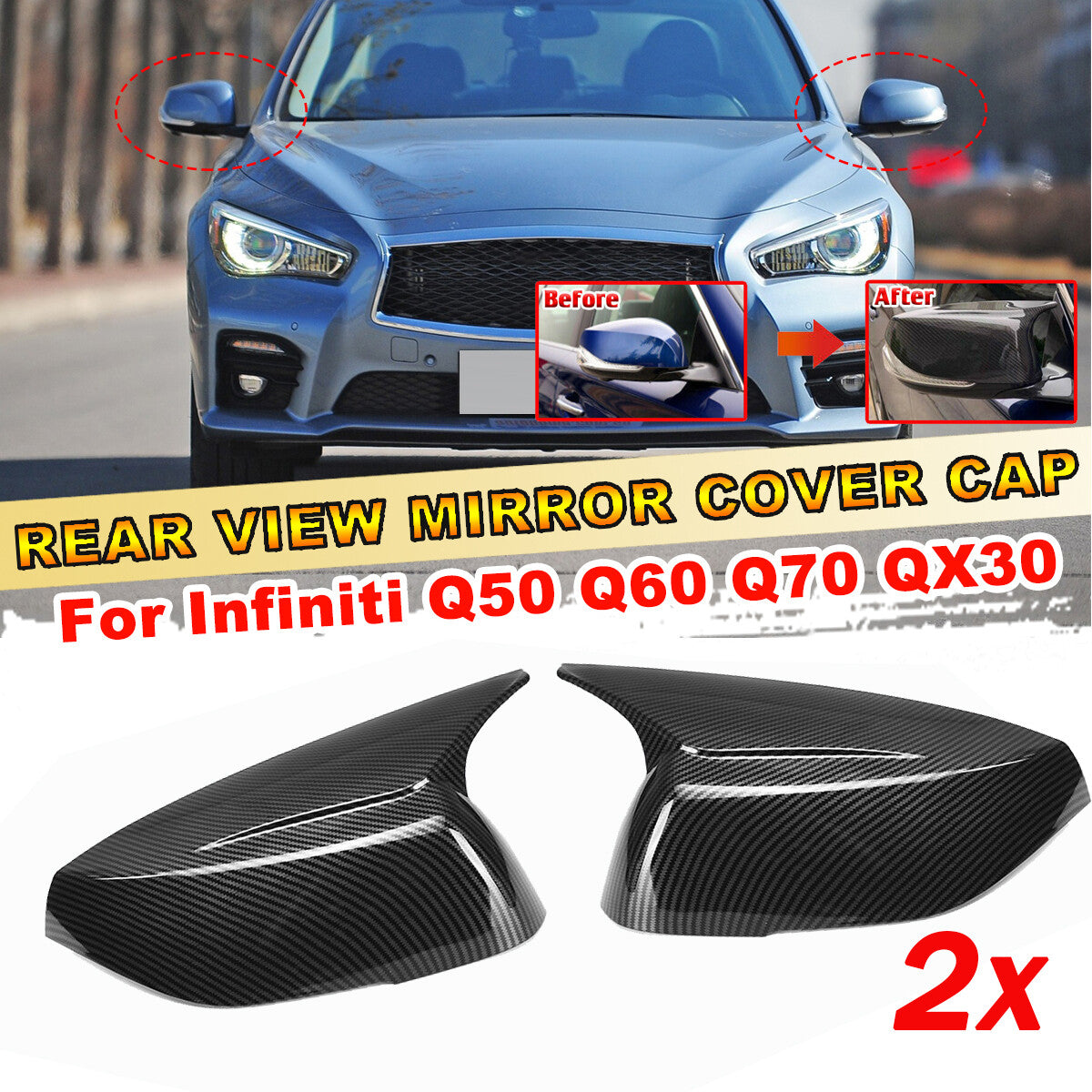 Two rearview mirror caps for 2014-2021 for Infiniti Q50, Q60, and M3 carbon fiber models.
