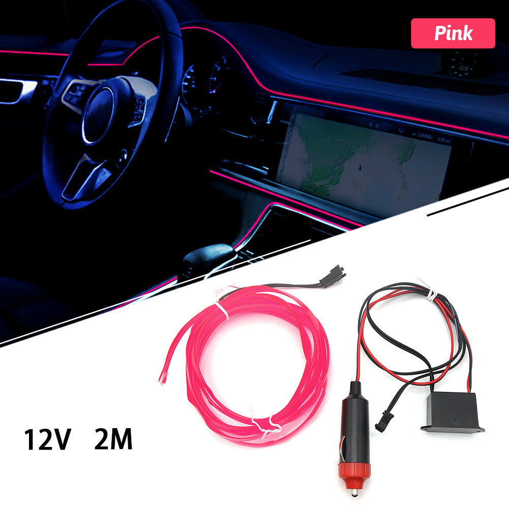 Car Interior LED Neon Lights Decor Atmosphere El Wire String Lamp Pink 12V 2M