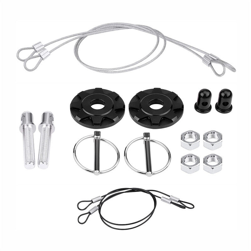 2x Black Hood Pins Kit CNC Aluminum Car Hood Pin Lock Latch Plate Appearance Kit