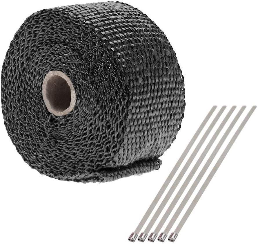 Black Fiberglass Exhaust Header Heat Wrap 2 x 50' +Stainless Steel Locking Ties
