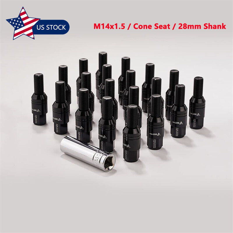 20x M14x1.5 Black Wheel Lug Bolt 28mm Shank Cone for Seat Stud for Most Aftermarket