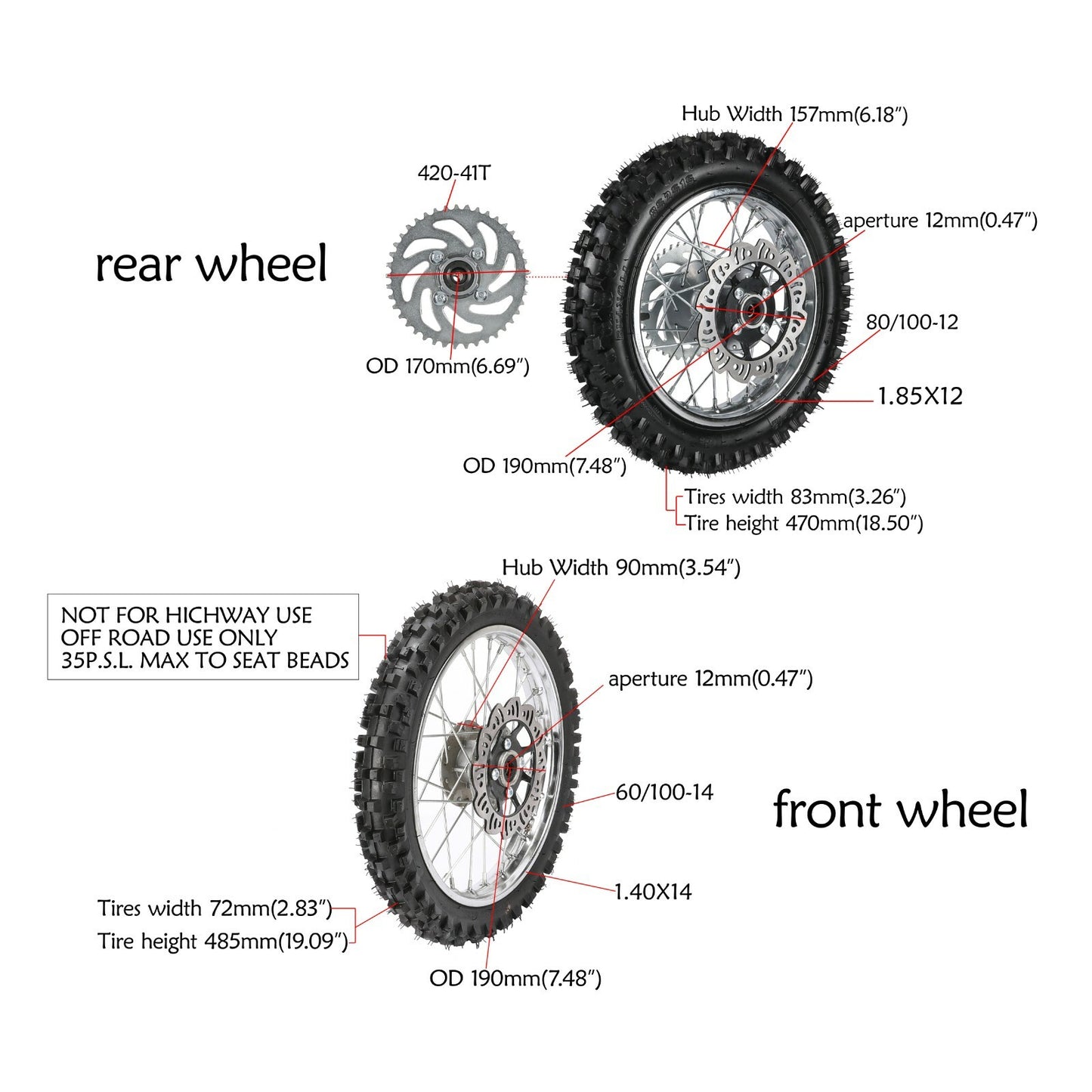 60/100-14 + 80/100-12 front and rear tires and rims SSR 125cc Taotao 110cc Pit bicycle