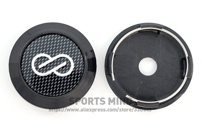 4-piece set of 64mm Enkei rim caps, hub center caps, hub logos, black carbon fiber.