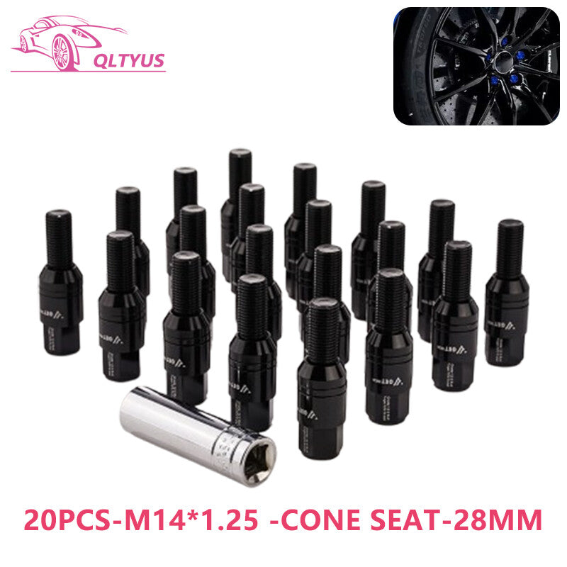 20PC 28mm M14x1.25 Wheel Lug Bolt Cone for Seat Studs Set for Most Aftermarket Black
