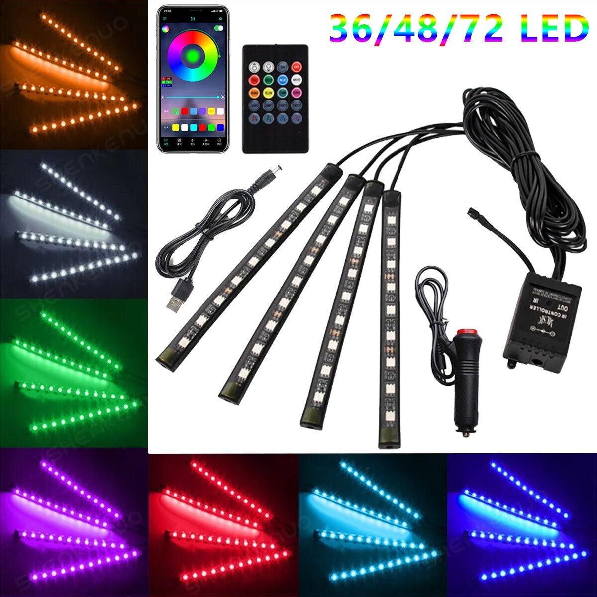 RGB LED USB Car Interior Floor Light Strip Bluetooth Mobile App