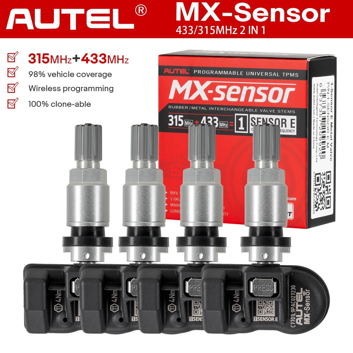 4x MX-Sensor 315MHz433MHz 2-in-1 Universal Prog-rammable TPMS Sensor Tire