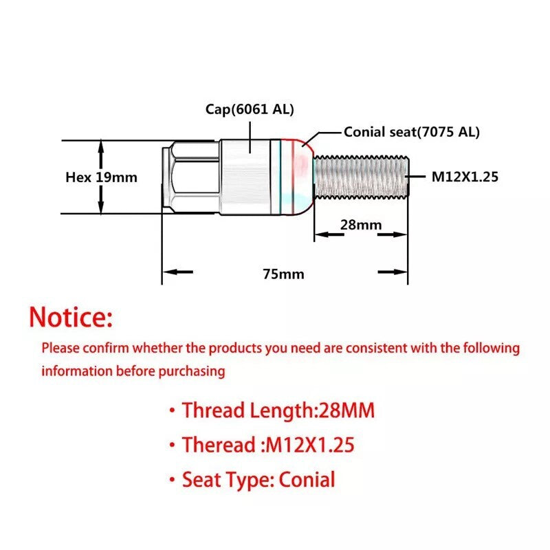 20PCS 28mm M12x1.25 Wheel Lug Bolts Cone for Seat Studs for Jeep for Chrysler for Dodge Red