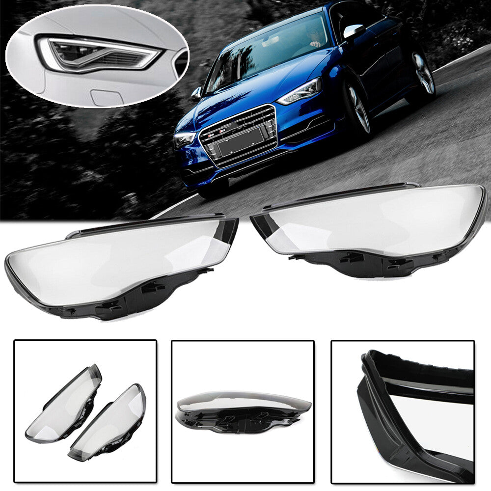 Headlight lens protective cover for Audi A3 2013-2016, transparent left and right sides.