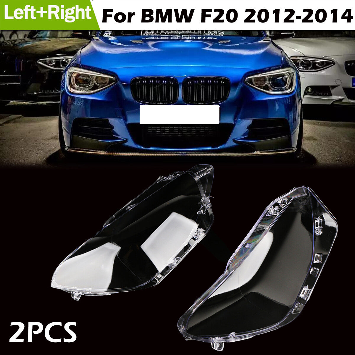 A pair of headlight lens protective covers with transparent lenses for BMW F20 2012-2014.
