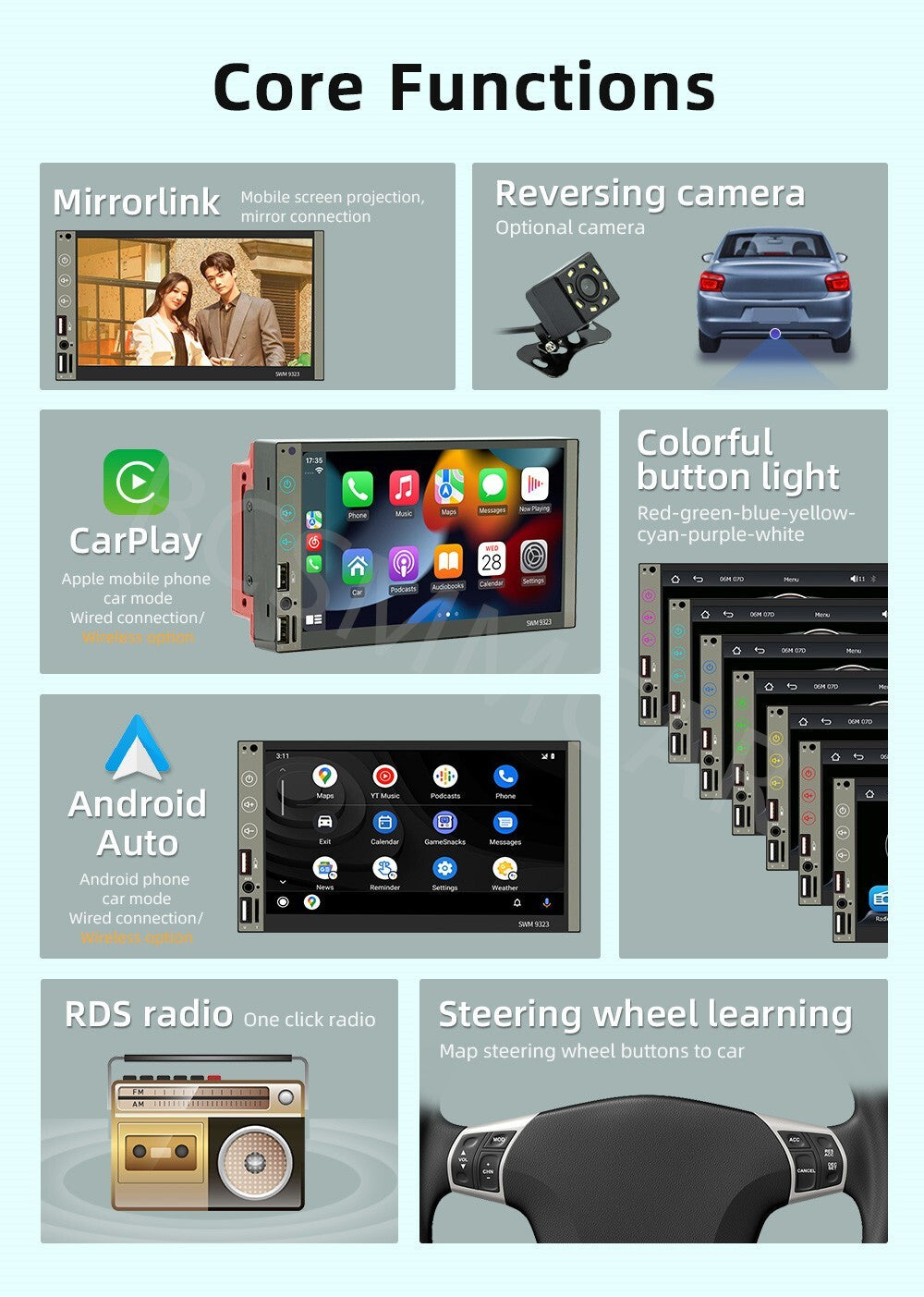 7in 2Din Car Stereo Wireless Carplay Android Auto Radio Touch Screen Player Cam