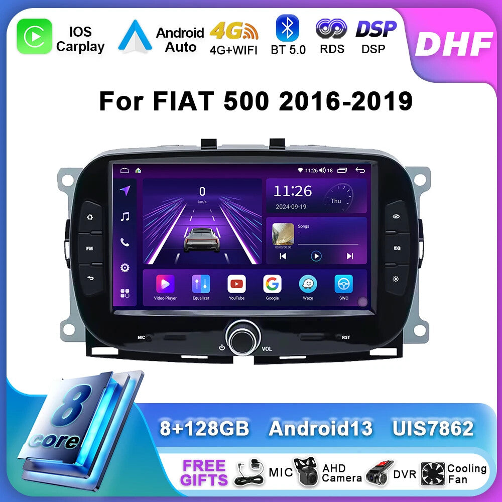 for FIAT 500 2016-2019 Andriod CarPlay Car Radio GPS Stereo Video Player Screen
