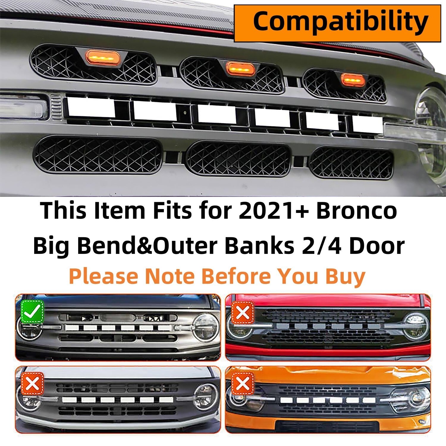 6PCS Front Grill Inserts With Amber Light Mesh Grille Trim for Ford Bronco 2021+