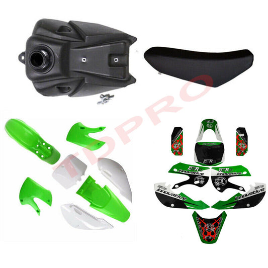 Graphic for seat , fuel tank, and plastic mudguards suitable for Kawasaki KX65, KLX110, and RM65 off-road bikes.