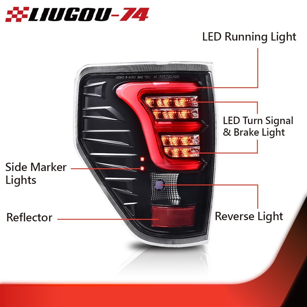 Suitable for 2009-2014 for Ford F150, full LED taillights, brake lights, and parking lights (clear/black).