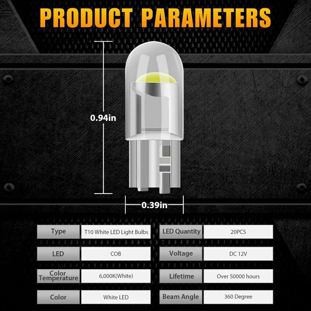 20X T10 W 5W LED Car Glass Base 12V Lamp Interior Parking Light Lamp Xenon White