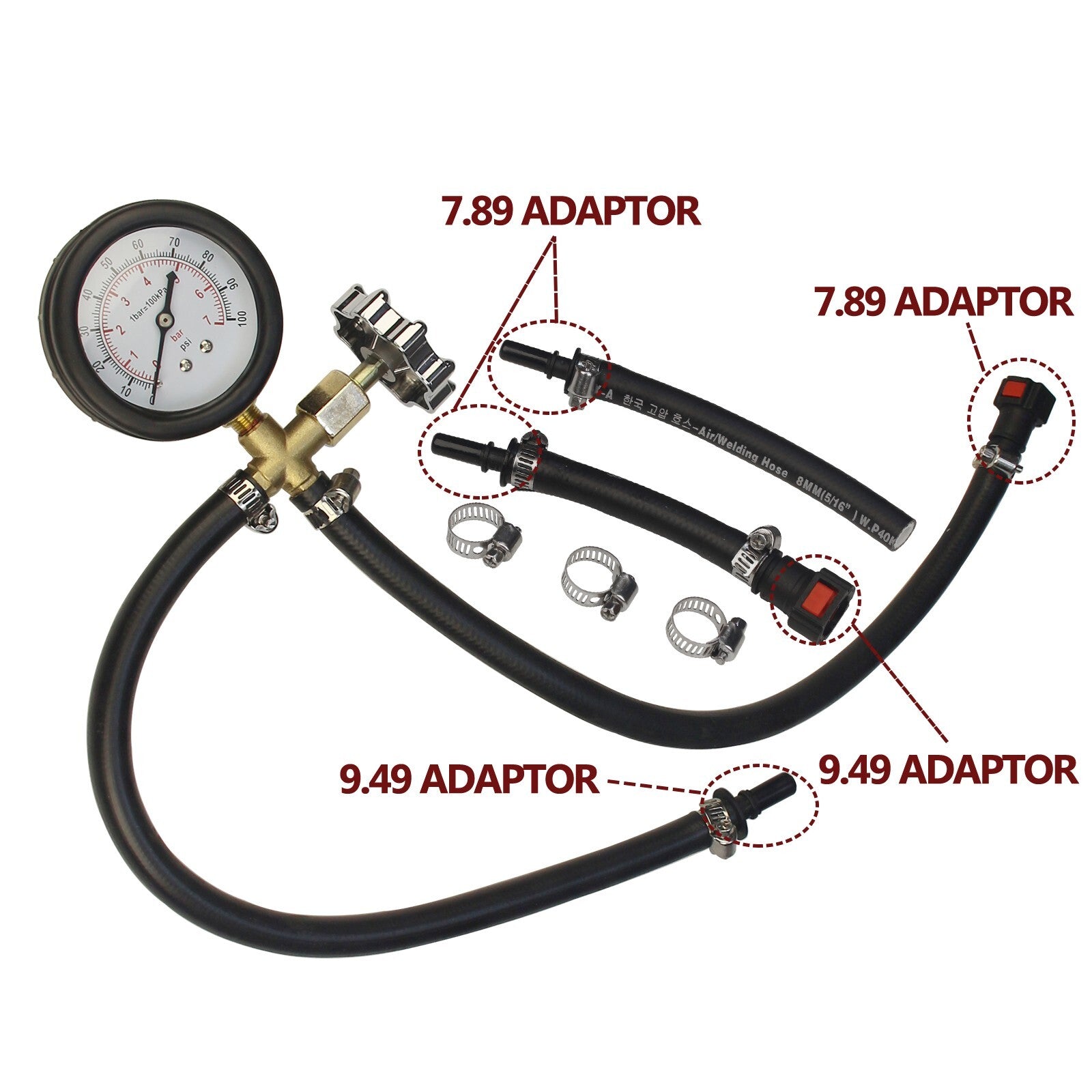 Quick-connect fuel injection pump pressure tester with valve 0 ~ 100 PSI