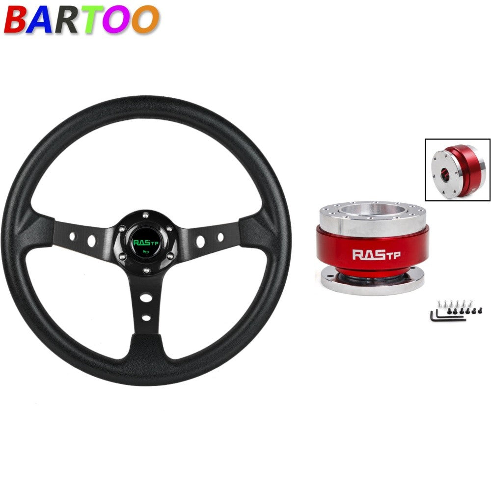 Black 345mm Deep Dished Racing Steering Wheel+Ball Quick Release Adapter Kit