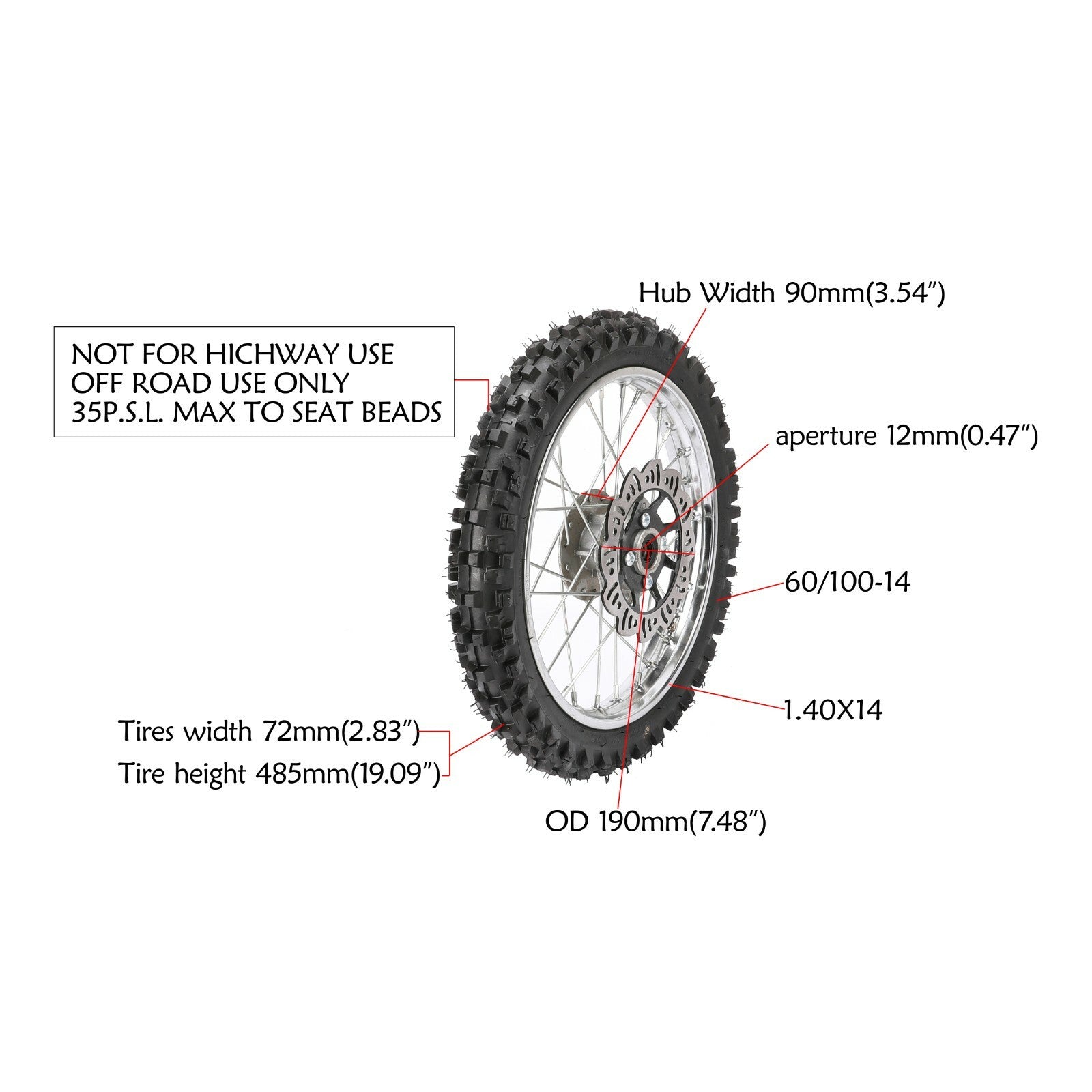 14-inch front wheel 60/100-14 rim assembly for Pit Dirt bicycle Apollo SSR 125 110