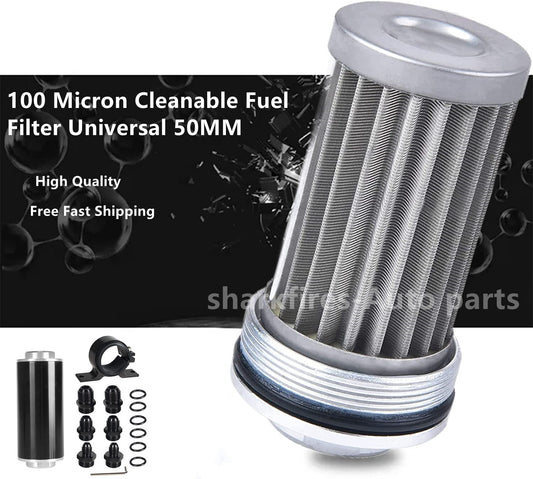 50mm straight-through fuel filter 6AN 8AN 10AN adapter 100 micron cleanable fuel filter