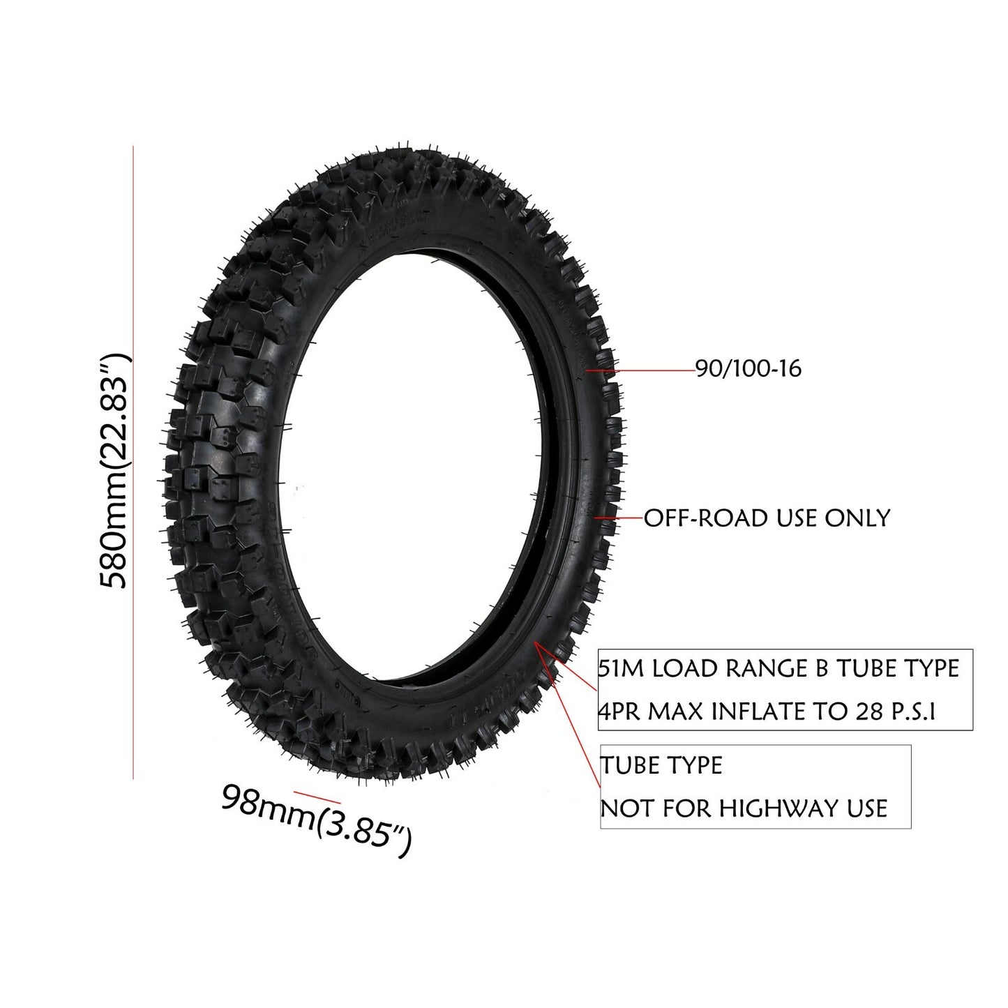 Rear 90/100-16 tire + 3.25-16 tubing for Dirt Pit bikes for Kawasaki KX100 and for Honda XR100R