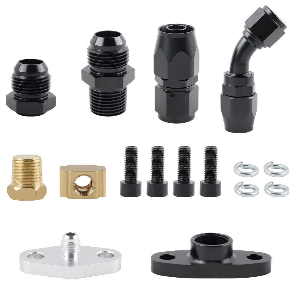 Universal Turbo Oil Line Feed Kit w/ Return Drain Flange T3 T4 T04E Oil Pan Plug