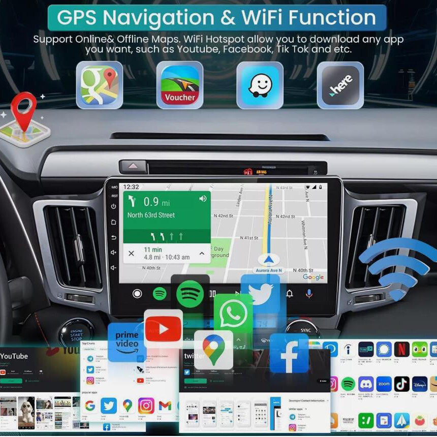10.1-inch car stereo radio with GPS, BT, Android 13, and CarPlay for Toyota RAV4 2013-2018.