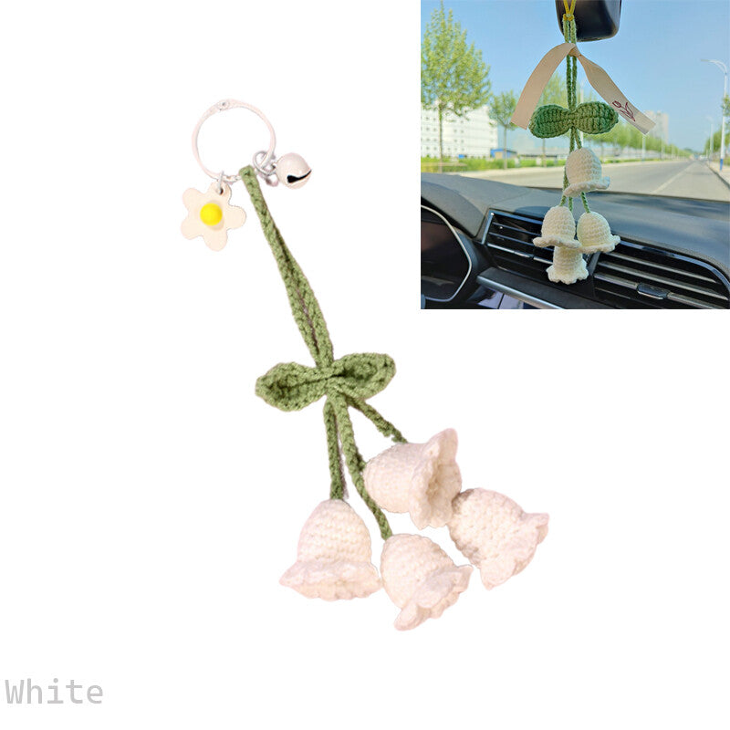 1Pc Hand-woven Bellflower Pendant for Rearview Mirror Hanging Accessory White