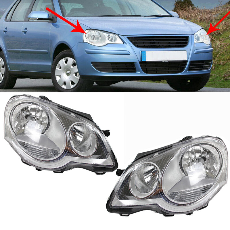 A pair of front bumper fog lights and white headlight assemblies are suitable for Volkswagen POLO 9N3 2006-2010.