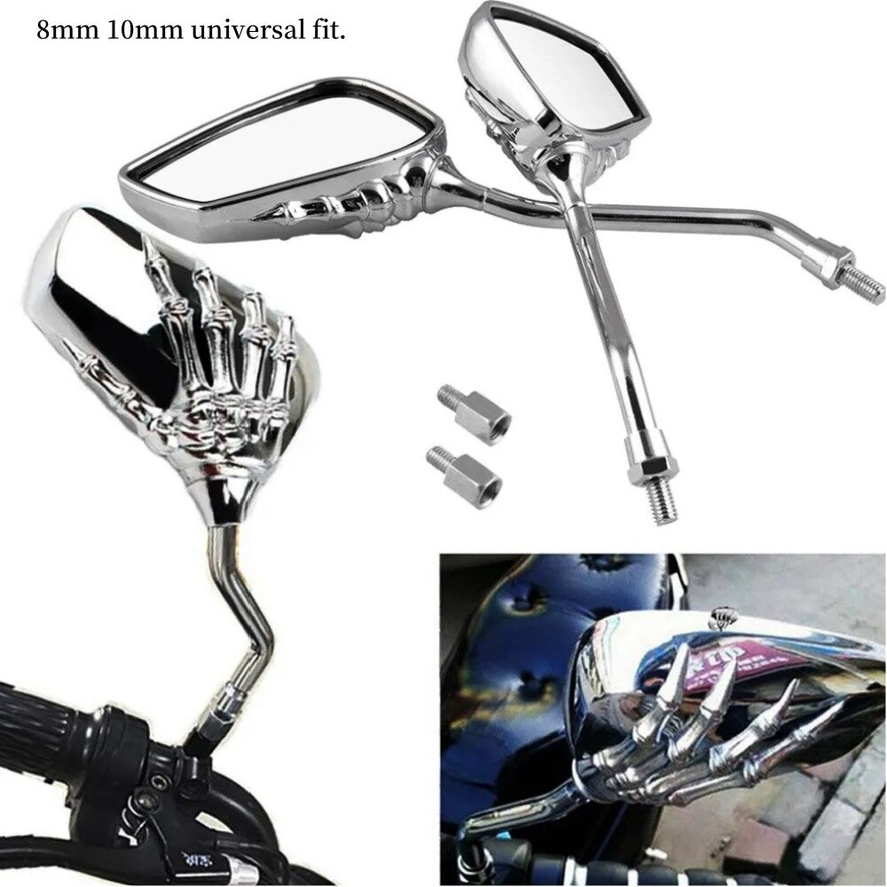Motorcycle Aluminum Skull Hand Chrome Rearview Side Mirrors 8mm 10mm Universal