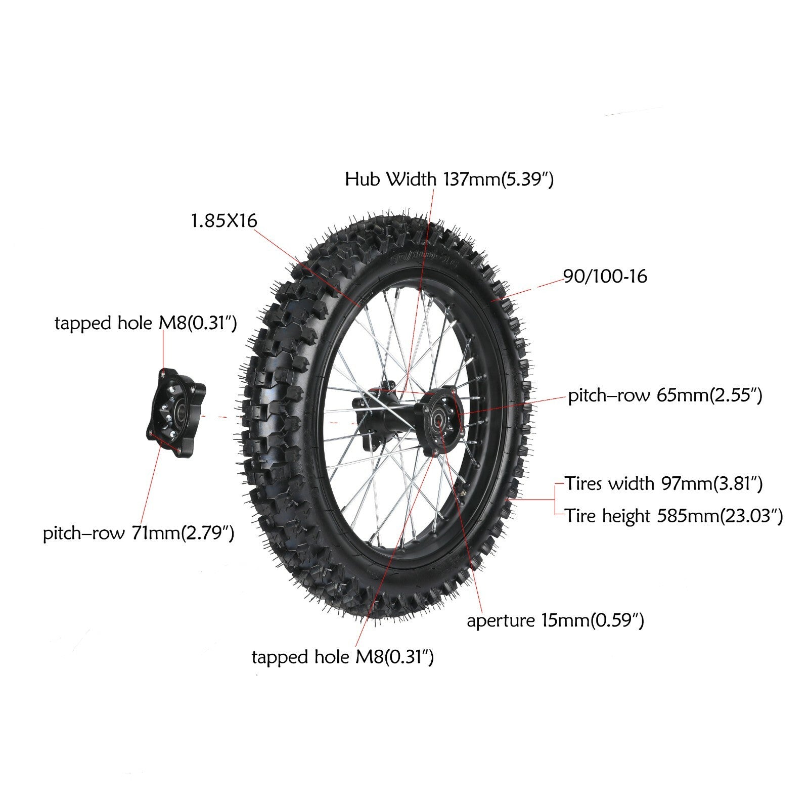 Front 70/100-19 + Rear 90/100-16 tires and rims suitable for Dirt Pit bicycle CR85RB