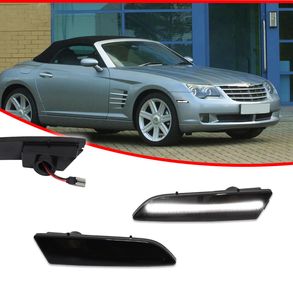 The front side is marked with white LED lights applicable to for Chrysler Crossfire vehicles in 04, 05, 06, 07, and 08.