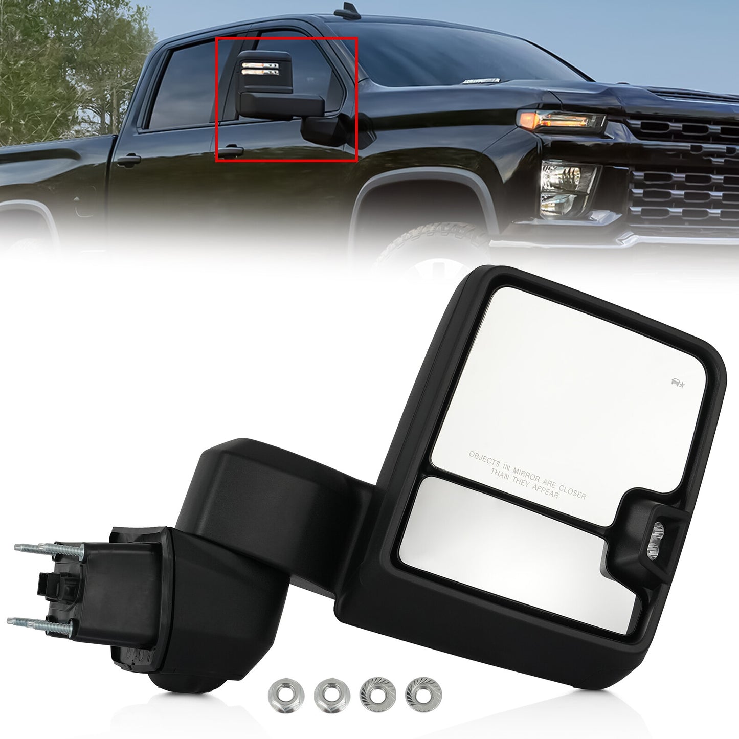 The passenger-side black side mirror is suitable for 19 to 24-inch for Chevrolet Silverado for GMC for Sierra