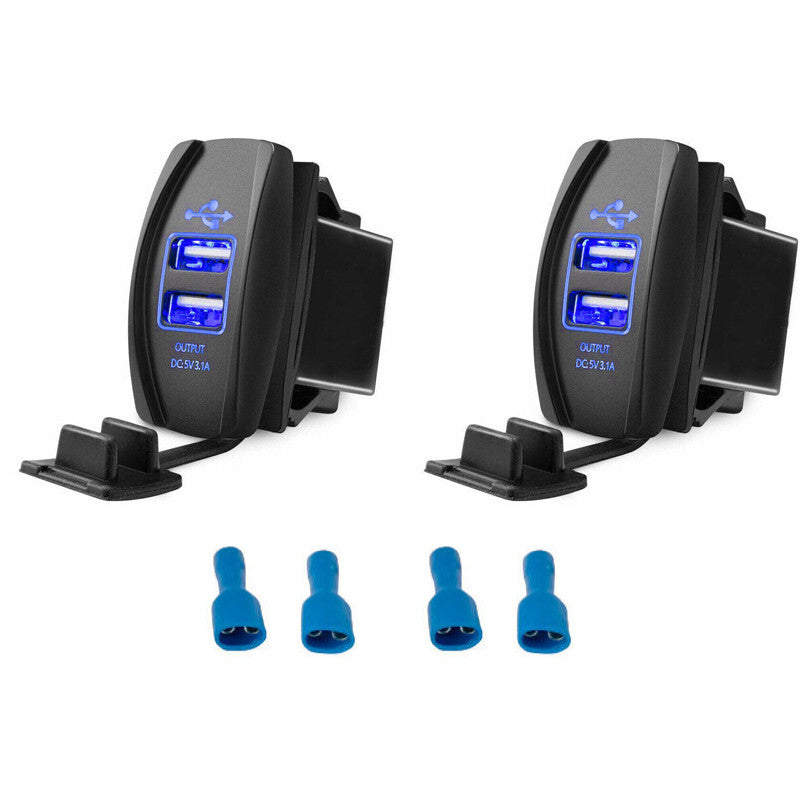 2 PCS 3.1A Dual USB Power for Charger Rocker Switch Blue LED Light Car Boat 12V 24V