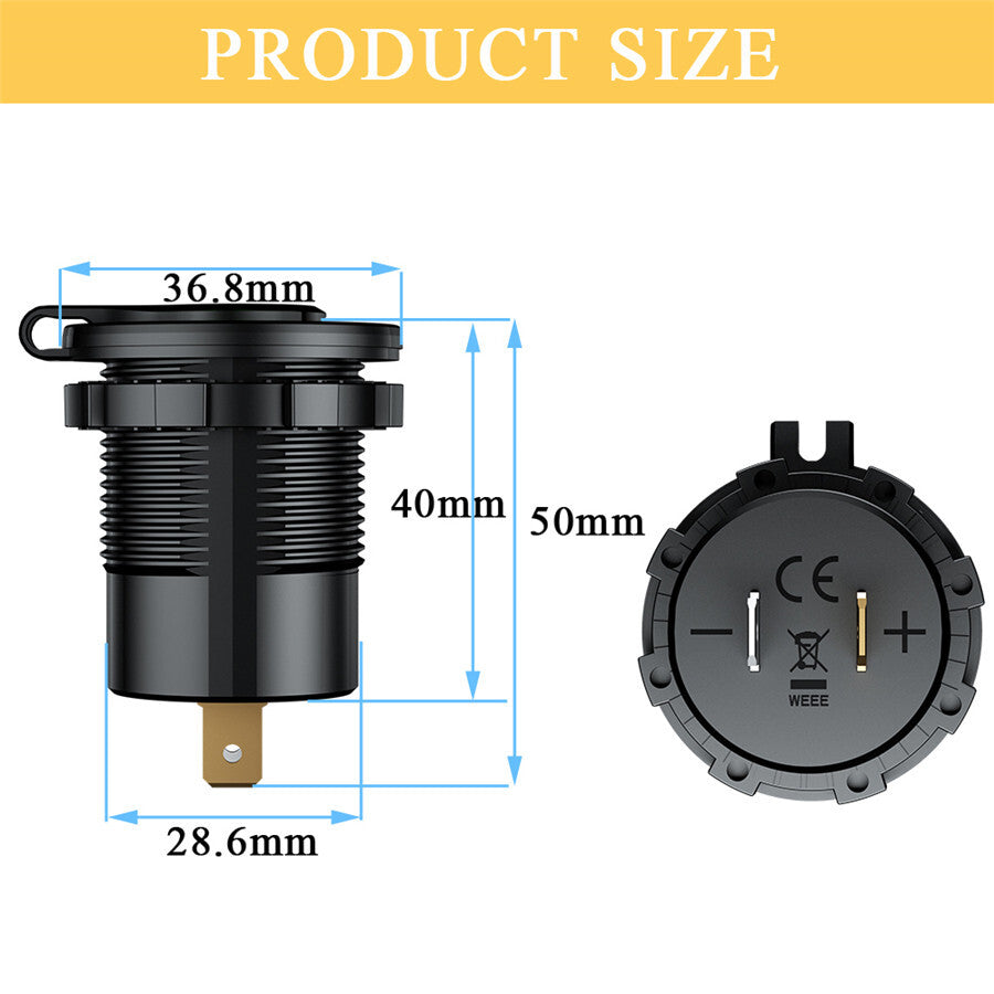 12V/24V Car Charger Socket Dual USB Port Fast Charging LED Voltmeter Waterproof