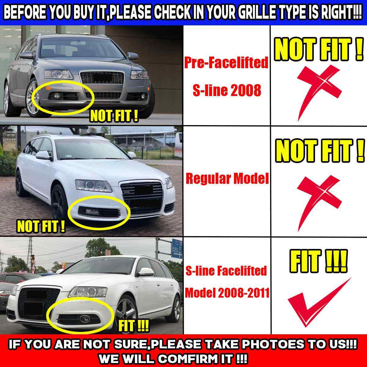 All Black Honeycomb Fog Light Grille Grill Cover for Audi A6 C6 S-Line 2008-2011